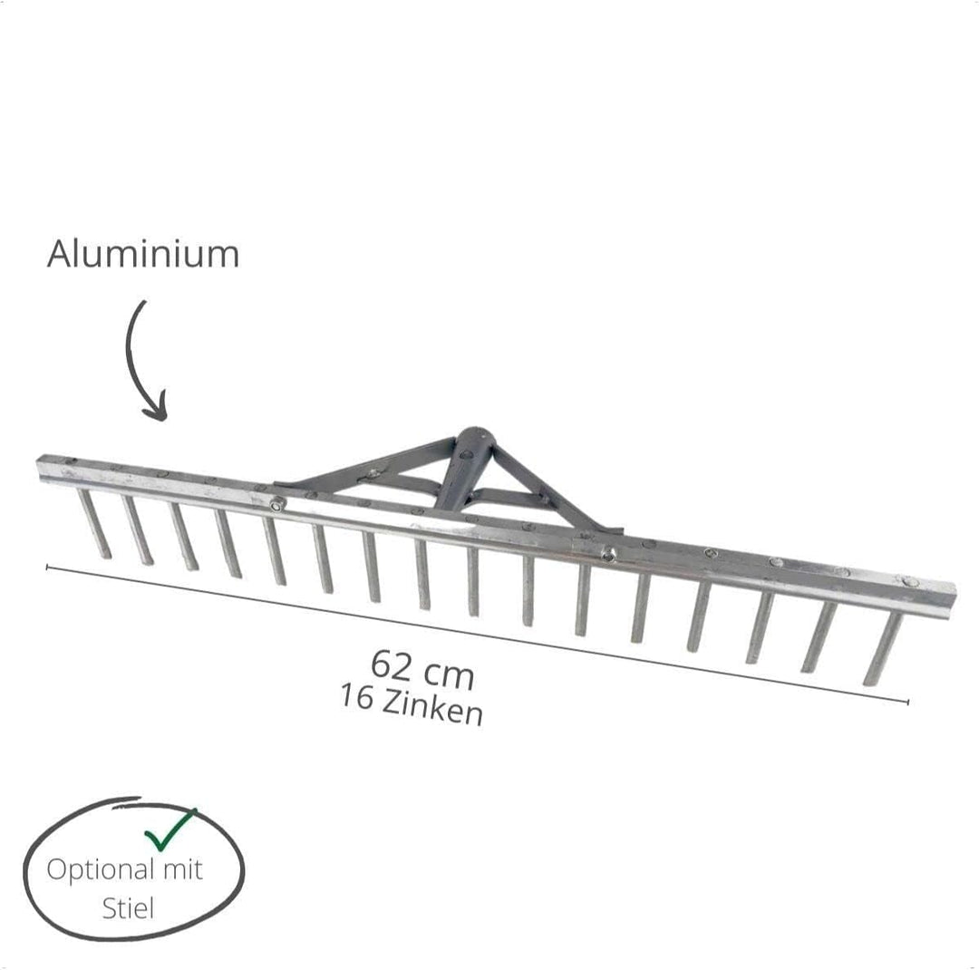 Rekord Aluminium Rechen leicht mit 16 Zinken Breite 62 cm - mit Stiel 150 cm, Rasenrechen, Gartenrec