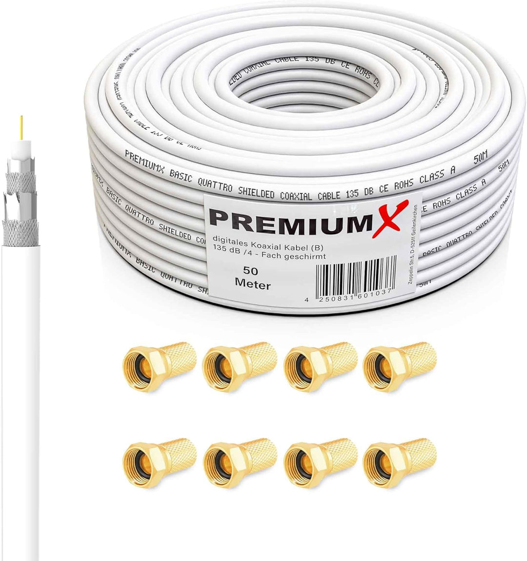 Premium X Satelliten-Komplettanlage 80cm Antenne Anthrazit Quad LNB 50m Kabel 8X F-Stecker Wandhalte