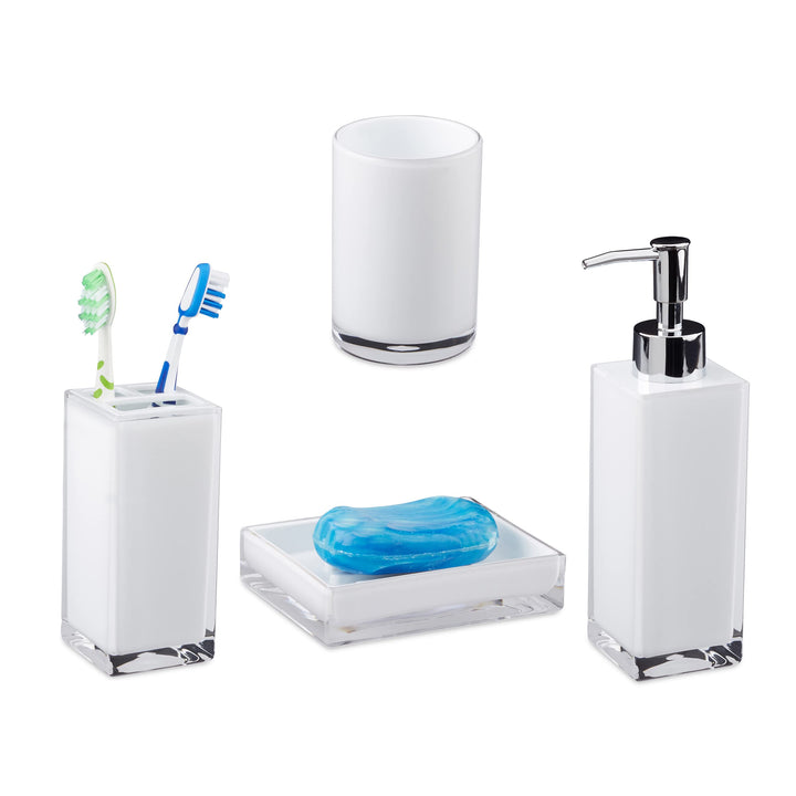 Relaxdays Badaccessoires Set 4-teilig, modern, Zahnputzbecher, Zahnbürstenhalter, Seifenspender, Sei