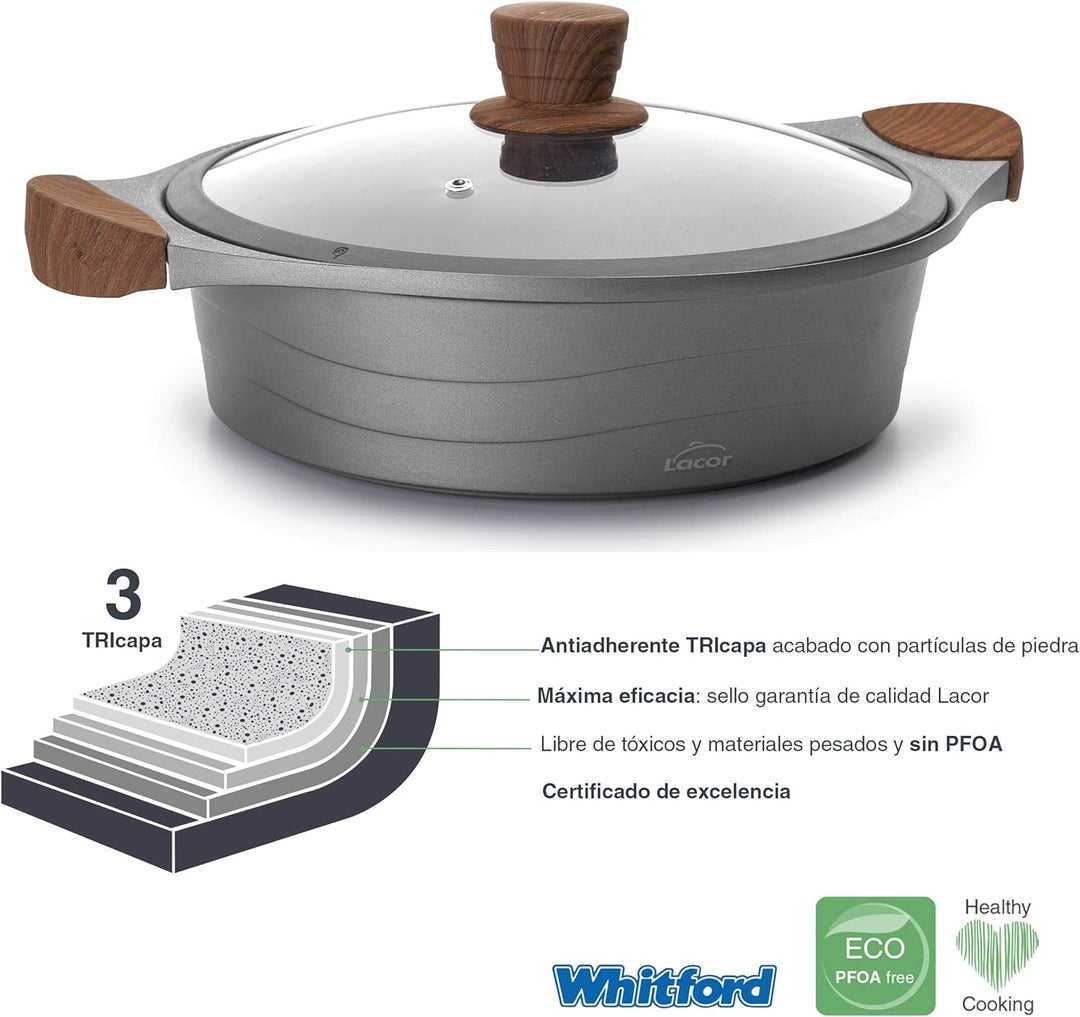 Lacor Bratentopf M/Glasdeckel, Aluminum, Grau, 34 x 31 x 10 cm