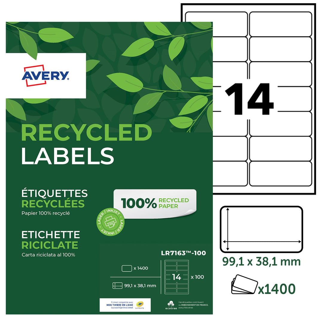 AVERY Zweckform LR7163-100 Adress-Etiketten (A4, 1.400 Stück, Recycling, 99,1 x 38,1 mm, 100 Blatt)
