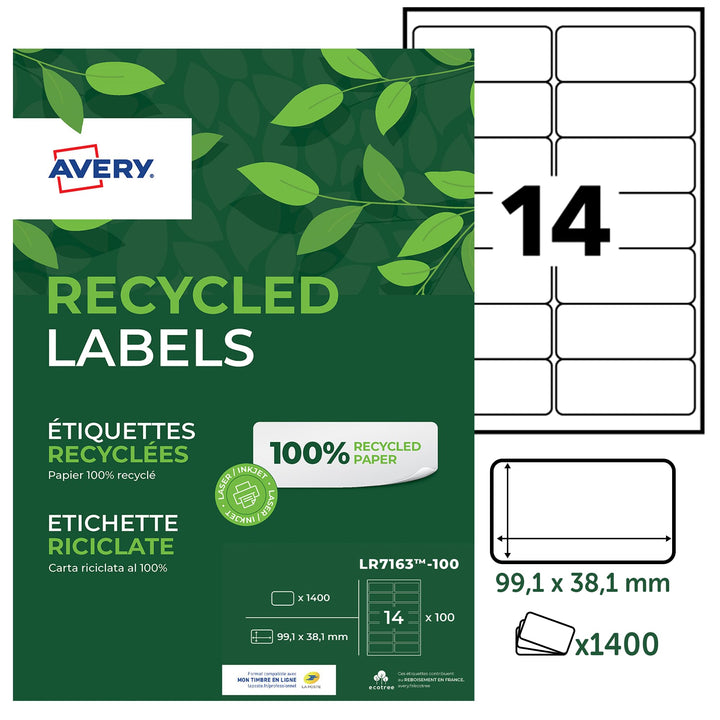 AVERY Zweckform LR7163-100 Adress-Etiketten (A4, 1.400 Stück, Recycling, 99,1 x 38,1 mm, 100 Blatt)