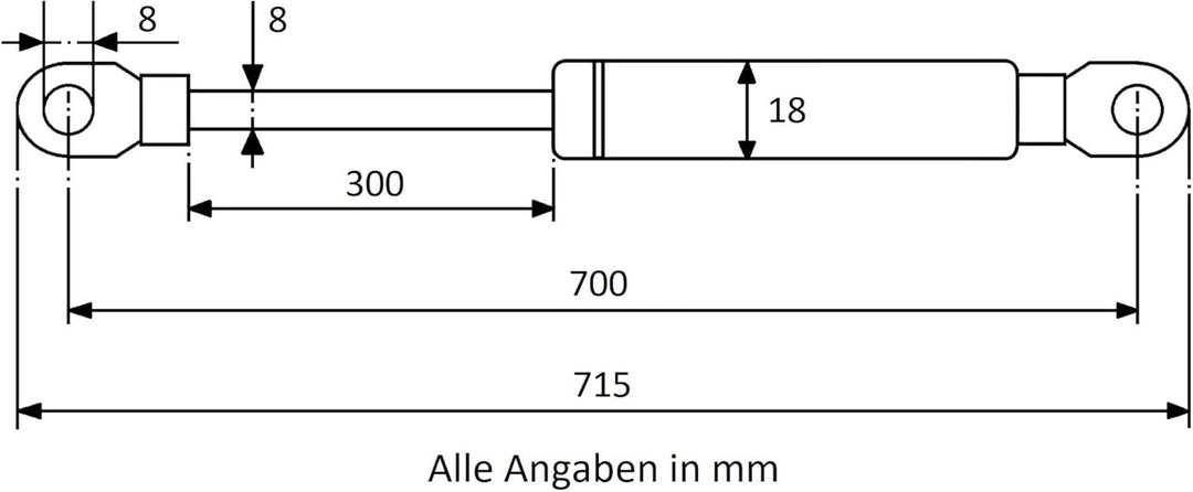 Secuplan Gasdruckfeder 700 mm, 300 mm Hub, 420 N, Ø 8/6 mm, abnehmb. Augen Gasdruckdämpfer, Gasfeder
