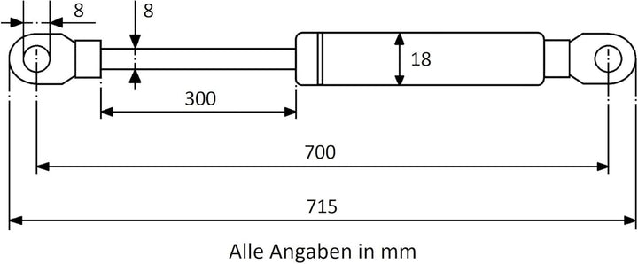 Secuplan Gasdruckfeder 700 mm, 300 mm Hub, 420 N, Ø 8/6 mm, abnehmb. Augen Gasdruckdämpfer, Gasfeder
