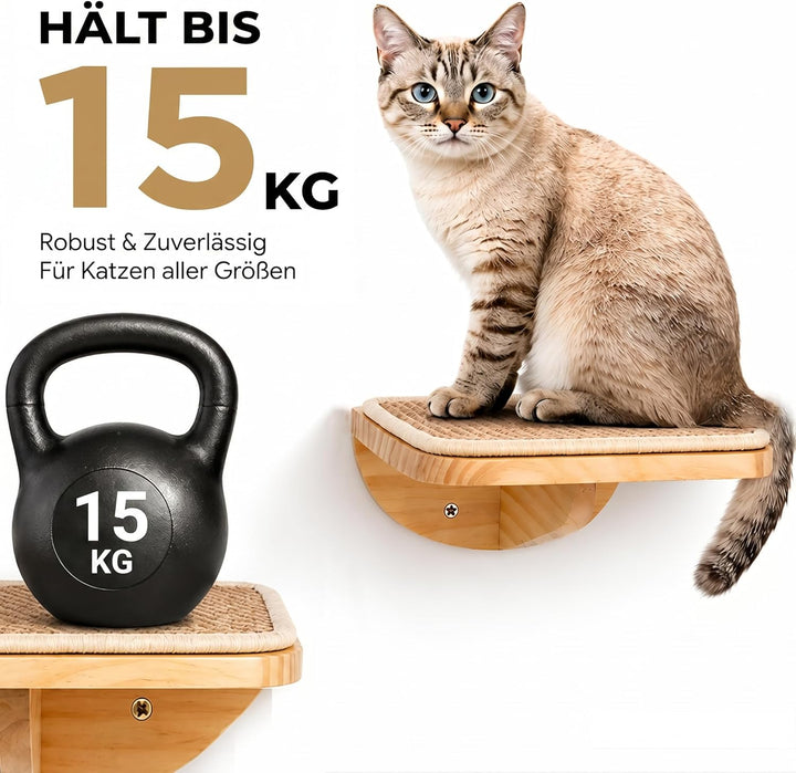 Katzentreppe Wand, Katzen Kletterwand 3er-Set mit 2 Kletterstufen &amp; Gebogenen Plattformen, Wandmonti