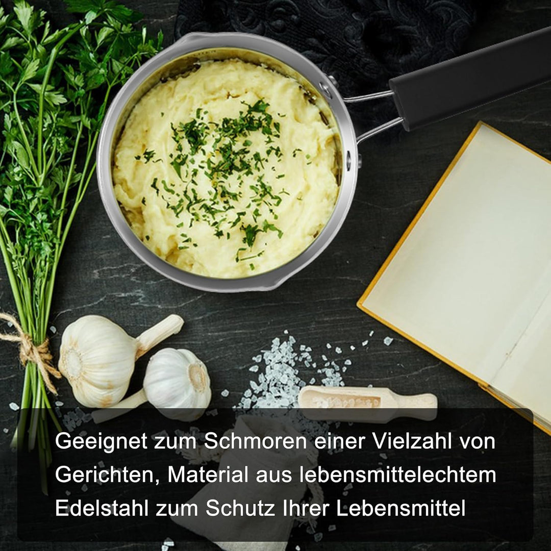 Herogo Stainless Stielkasserolle 16cm, Dreifach-Edelstahl- Milchtopf mit Glasdeckel, kleiner Kochtop