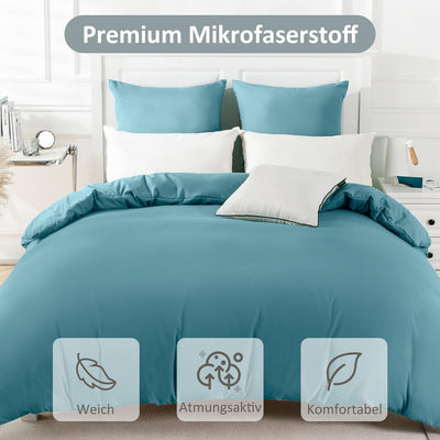 REDKEY Bettwäsche 240x220 3teilig Aqua blau - Bettbezüge 240 x 220 mit 80x80 cm Kissenbezüge, Mikrof