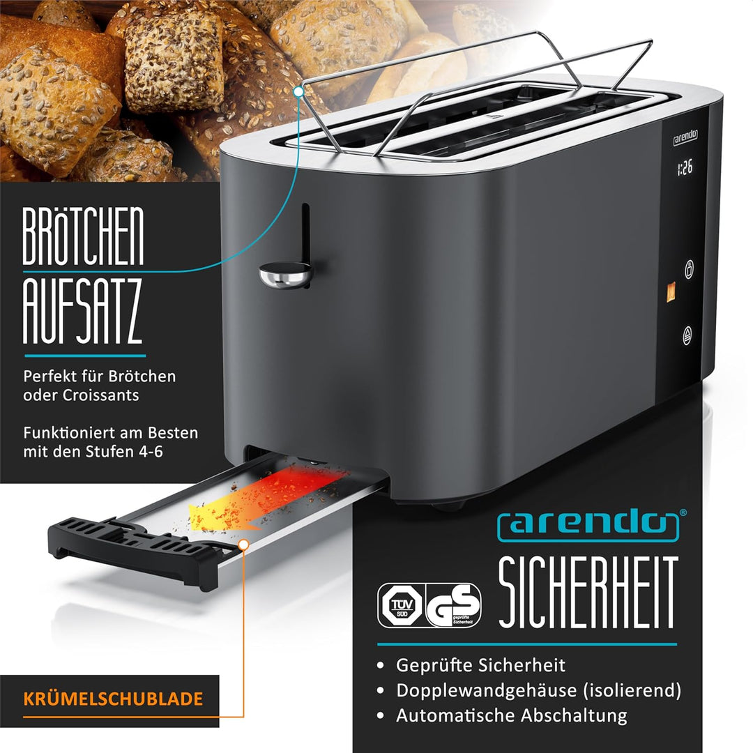 Arendo - Edelstahl Toaster 4 Scheiben Langschlitz - Touchscreen – Doppelwandgehäuse – 1500 W – Integ