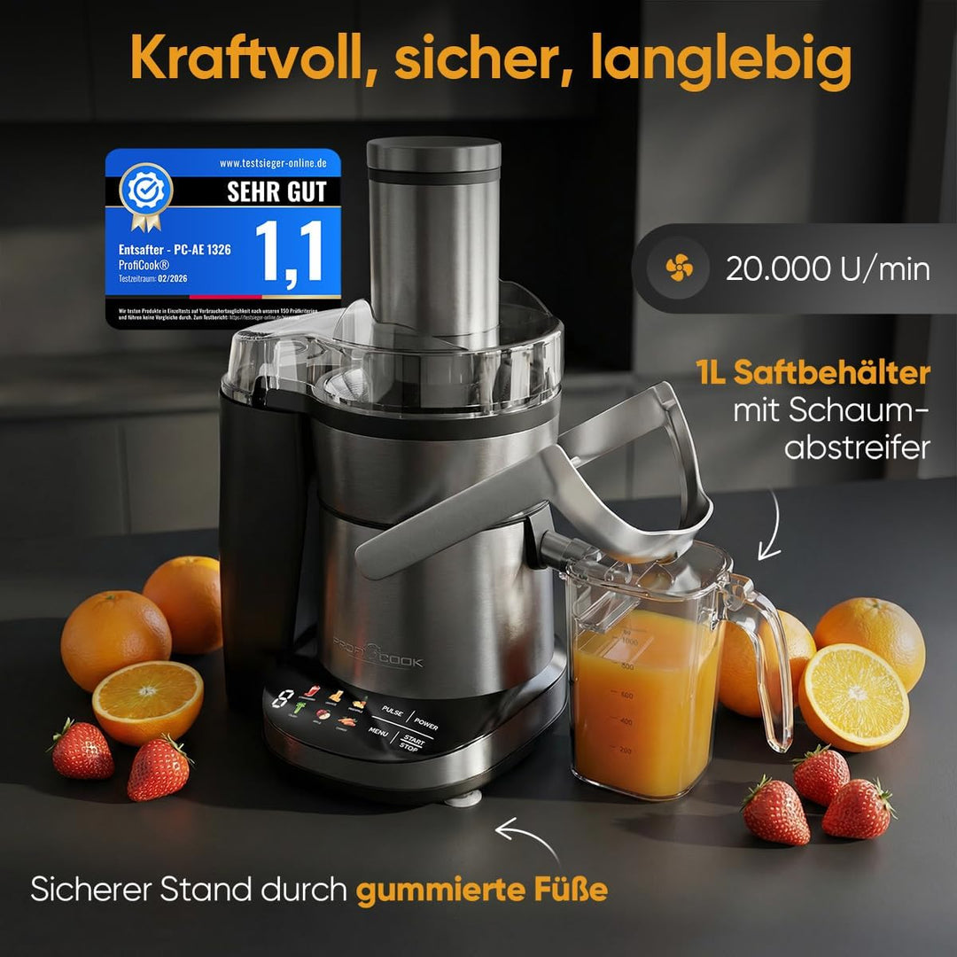 ProfiCook® Entsafter | leicht zu reinigender Slow Juicer | XXL-Einfüllschacht | 1000W Longlife-Motor