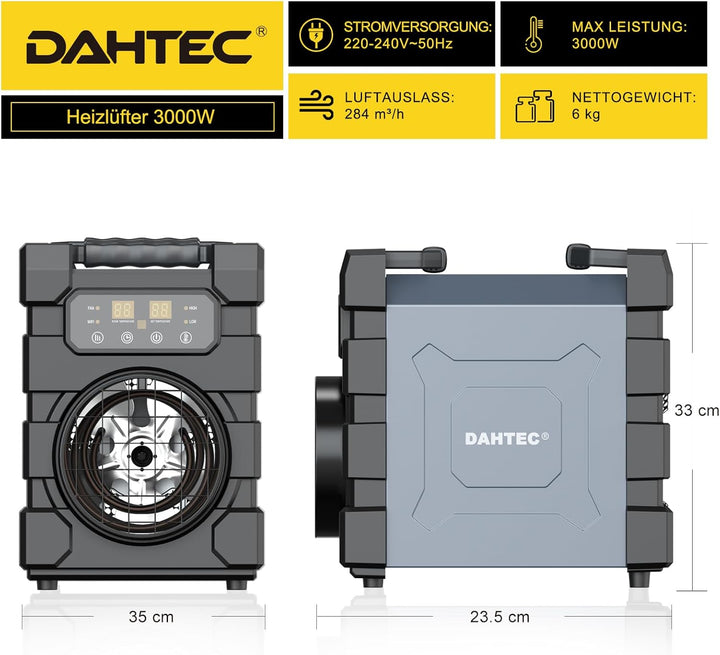 DAHTEC Professioneller Heizlüfter mit Schwerem Stahlgehäuse 2000 Watt mit WIFI, Fernsteuerung und be