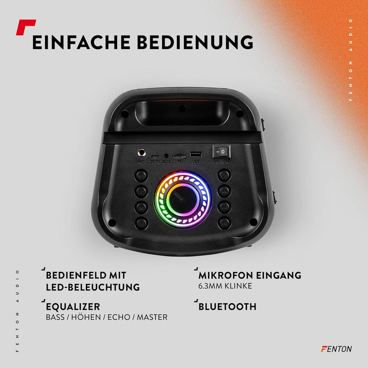 Fenton Core80 Musikbox Bluetooth Gross 80W, Akku 12 Std, Karaoke Mikrofon, BT 5.3, Fernbedienung, Pa