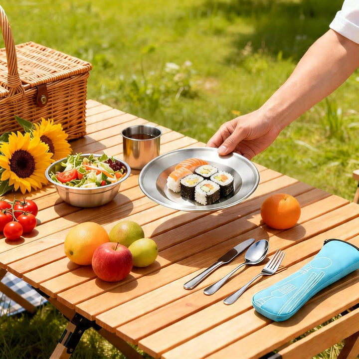 Campingbesteck Set 1 Person, Camping Geschirr Set Edelstahl mit Schalen Teller Tassen Gabeln Löffel