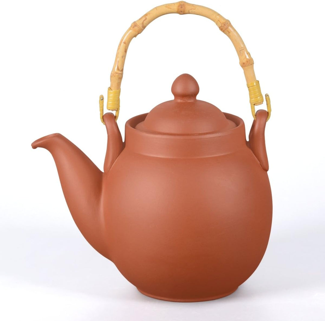 Ton Teekanne Tenno 0,8 Liter mit Tonsieb, Bambushenkel und Stövchen. Handgefertigt, Original