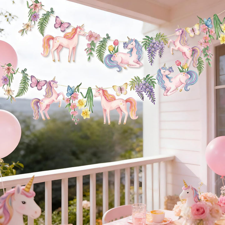 Easy Joy Magische Einhorn-Party-Girlande, rosa blumige Papierfahnen mit Schmetterlingen und Blumen,