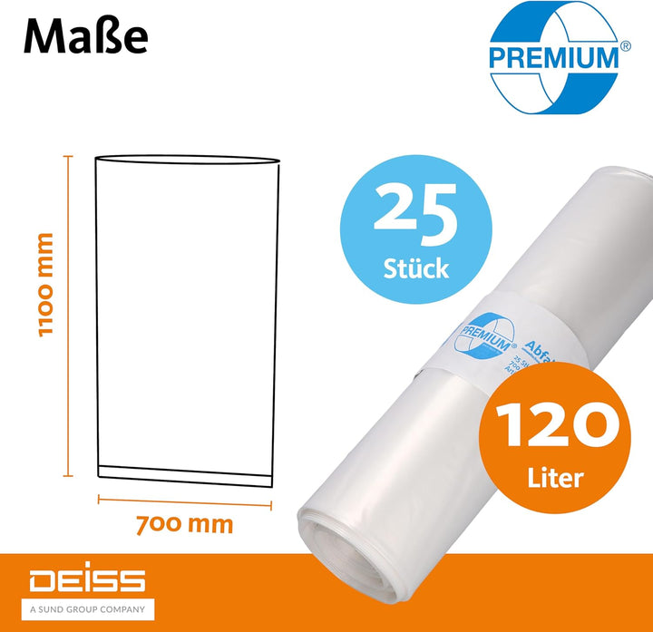 Müllsäcke DEISS PREMIUM transparent 70 my 120 L, 120 Liter - 70 my, 19005 1 stück (25er Pack) Single