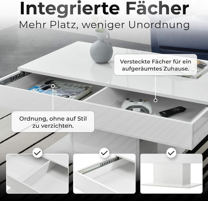 [en.casa] Couchtisch mit 2 Staufächern unter Schiebeplatte Wohnzimmertisch mit Truhefunktion Kaffeet