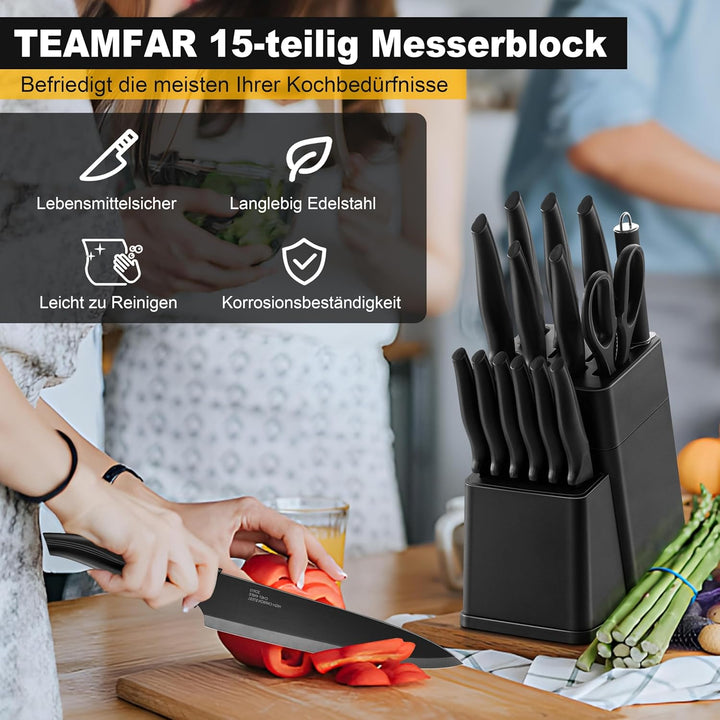 TEAMFAR Messerblock mit Messerset, 15-teilig Edelstahl küchenmesser Set mit Wetzstahl, Messerblock m
