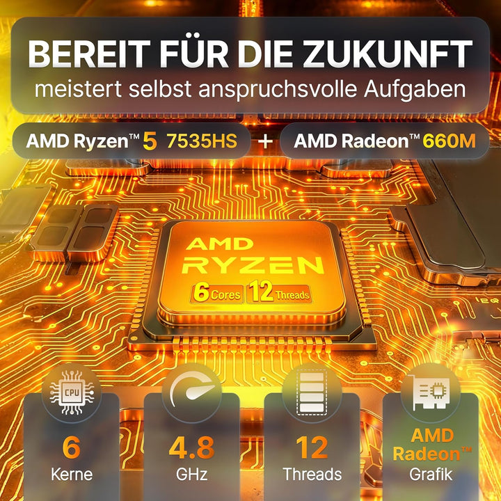 FutureNUC AMD Ryzen® R5-7535HS Mini PC • 8 Kerne, bis zu 4,8GHz • 16GB DDR5 RAM, 512GB SSD • WiFi 7,