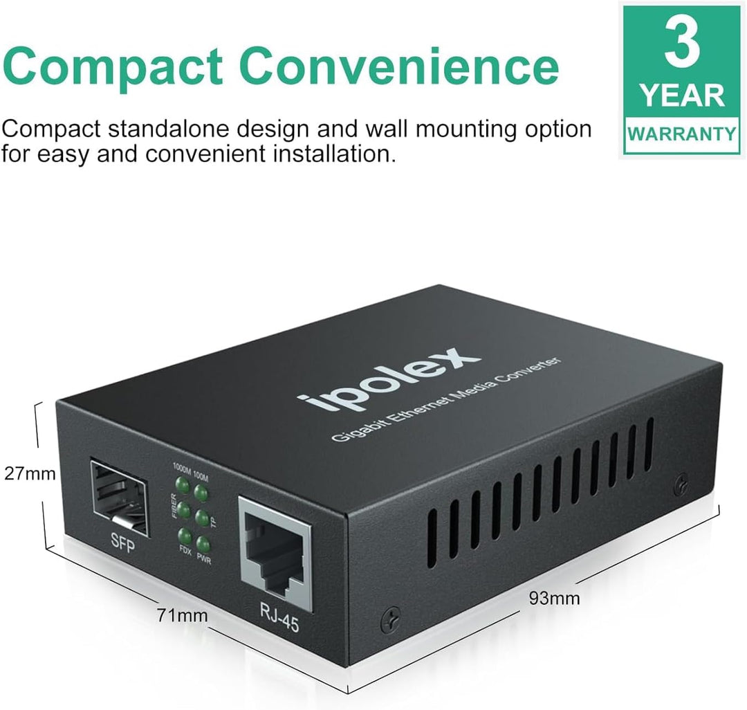 1.25G Gigabit Ethernet SFP to RJ45 Fiber Media Converter, 10/100/1000M RJ45 to 1000M SFP Slot, Fiber