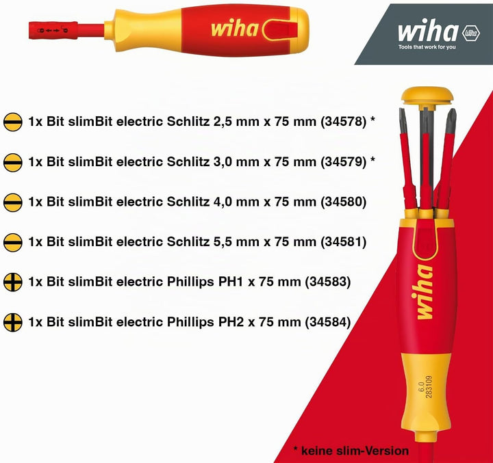 Wiha Schraubendreher mit Bit Magazin LiftUp Electric Schlitz I Phillips mit 6 slimBits I 1000V Siche