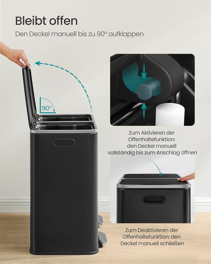 SONGMICS Mülleimer, 2 x 40 Liter, 2 Fächer, Mülltrennsystem, Treteimer, Abfalleimer Küche, 15 Müllsä