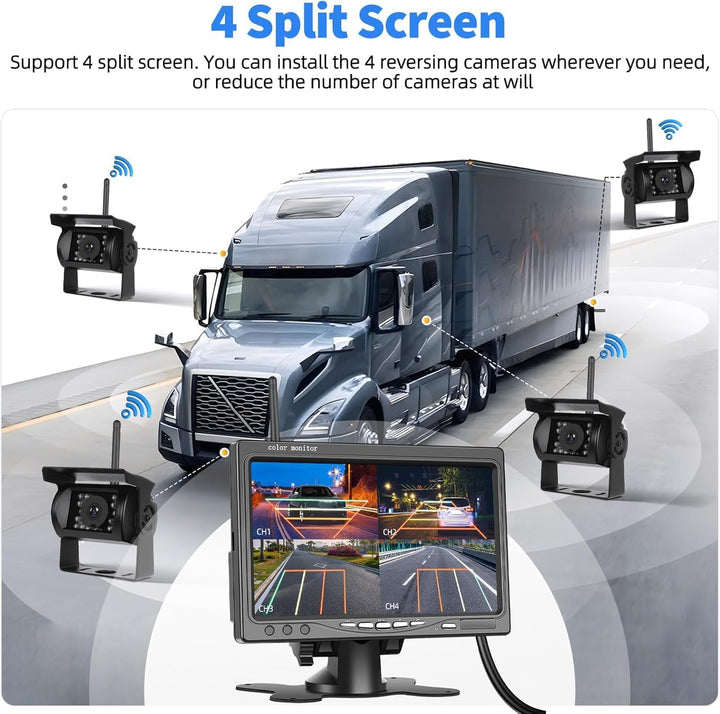 1080P Kabelloses Rückfahrkamerasystem für Wohnmobile, 7-Zoll-Rückfahrkameramonitor für 4 Kanäle mit