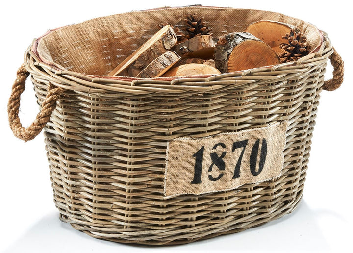 Kobolo Holztrage Holzkorb für Kaminholz oval - Rattan grau - mit Jutestoff ausgestattet - 1870