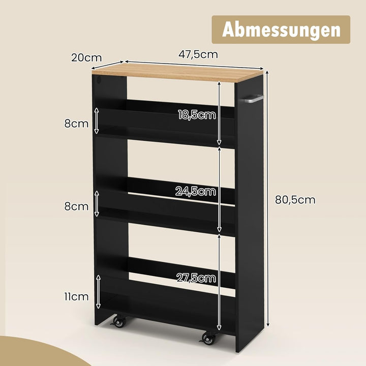 COSTWAY Nischenwagen 20cm breit, 4 Etagen Küchenwagen schmal, Nischenregal auf Rollen, Servierwagen