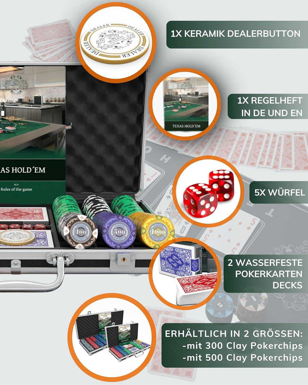 Bullets Playing Cards | Pokerkoffer „Tony“ mit 300 Clay Pokerchips 14g | Pokerset mit Karten, Würfel
