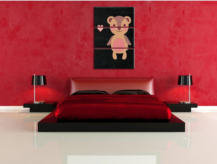 Pixxprint Niedlicher Bär schwarz 3-Teiler Leinwandbild 120x80 Bild auf Leinwand