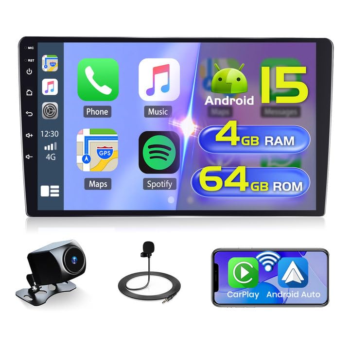 Hikity 4+64GB Android Radio Double Din 10.1 Inch Touch Bildschirm, Carplay Android Auto Radio with G