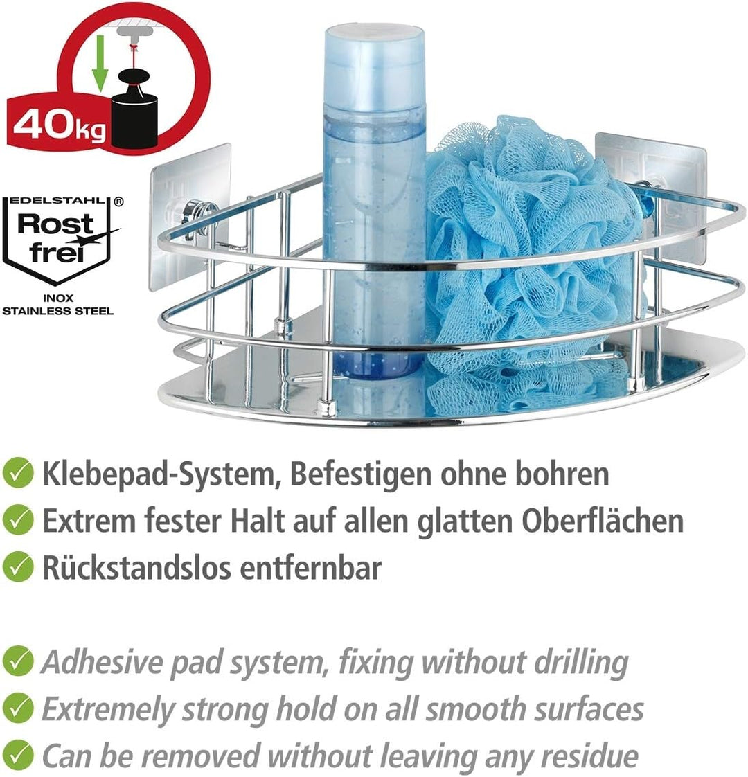 WENKO Turbo-Loc® Edelstahl Eckablage Quadro - Befestigen ohne bohren, Edelstahl rostfrei, 27.5 x 10
