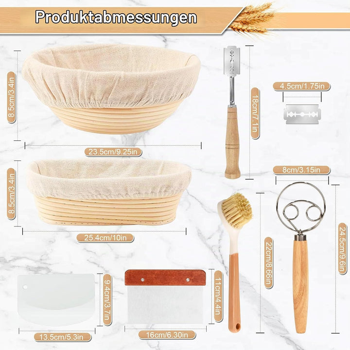 2er Gärkörbchen Set 23cm Rund &amp; 25cm Oval Brotkörbchen – mit Gärtuch, Spatel &amp; Bäckermesser – Brot B