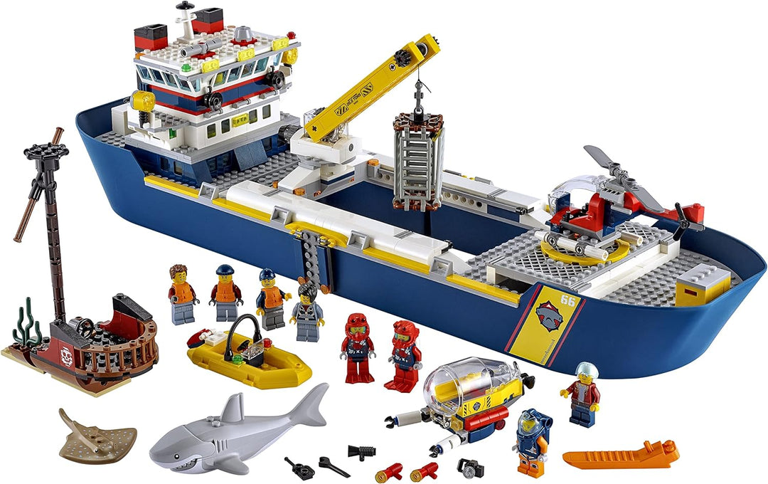 LEGO 60266 City Meeresforschungsschiff, schwimmendes Spielzeugboot, Tiefsee-Unterwasserset, Tauchabe