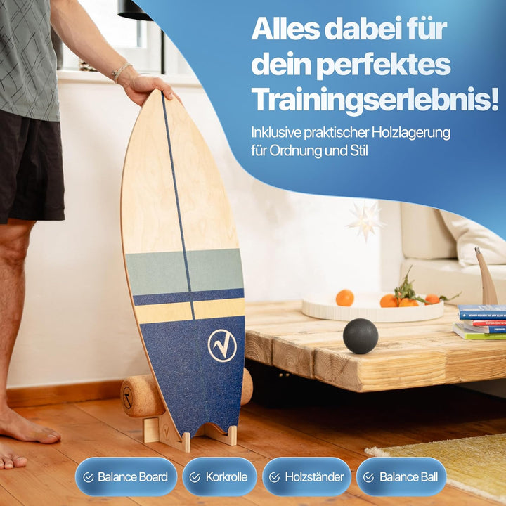 Balance Board aus Holz in Surfboard Form inkl. Rolle für Neuromuscular Response Training +Plus: Halt
