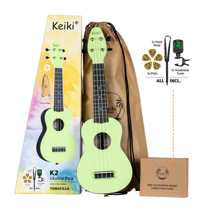 Ortega Guitars Sopran Ukulele grün - Keiki K2 - Starterkit inklusive Tuner, Gurt, 5 Medium Plektren