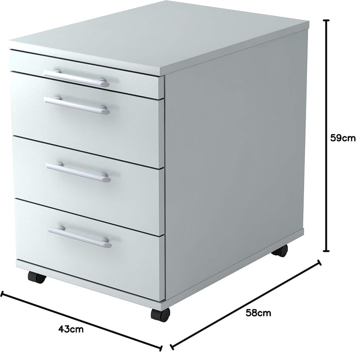 Bümö® Rollcontainer in Grau mit 3 Schüben und Schreibwaren Schublade | Bürocontainer aus Holz | Tisc