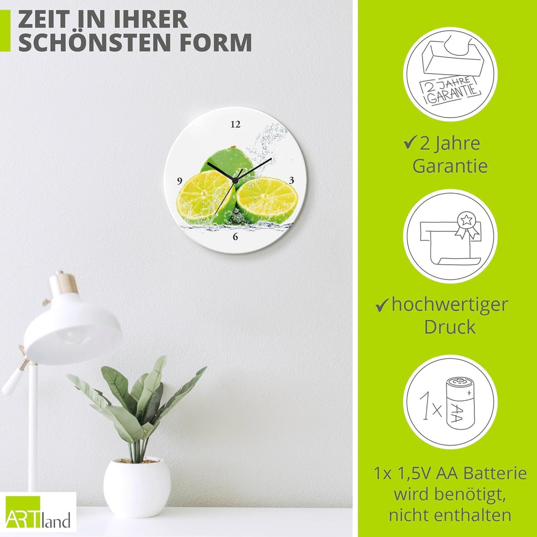 ARTLAND Wanduhr ohne Tickgeräusche Glas Quarzuhr Ø 30 cm Rund Lautlos Obst Früchte Limette im Wasser