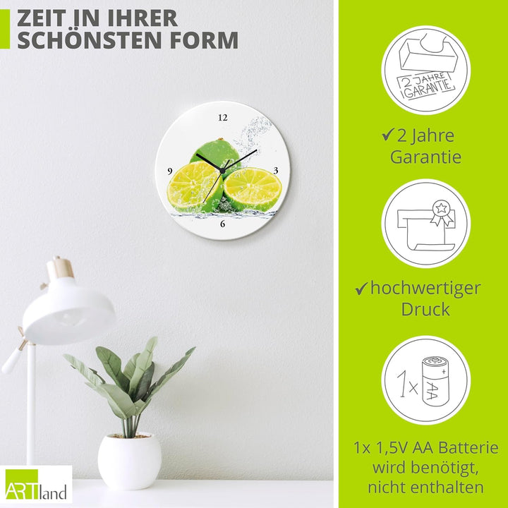 ARTLAND Wanduhr ohne Tickgeräusche Glas Quarzuhr Ø 30 cm Rund Lautlos Obst Früchte Limette im Wasser