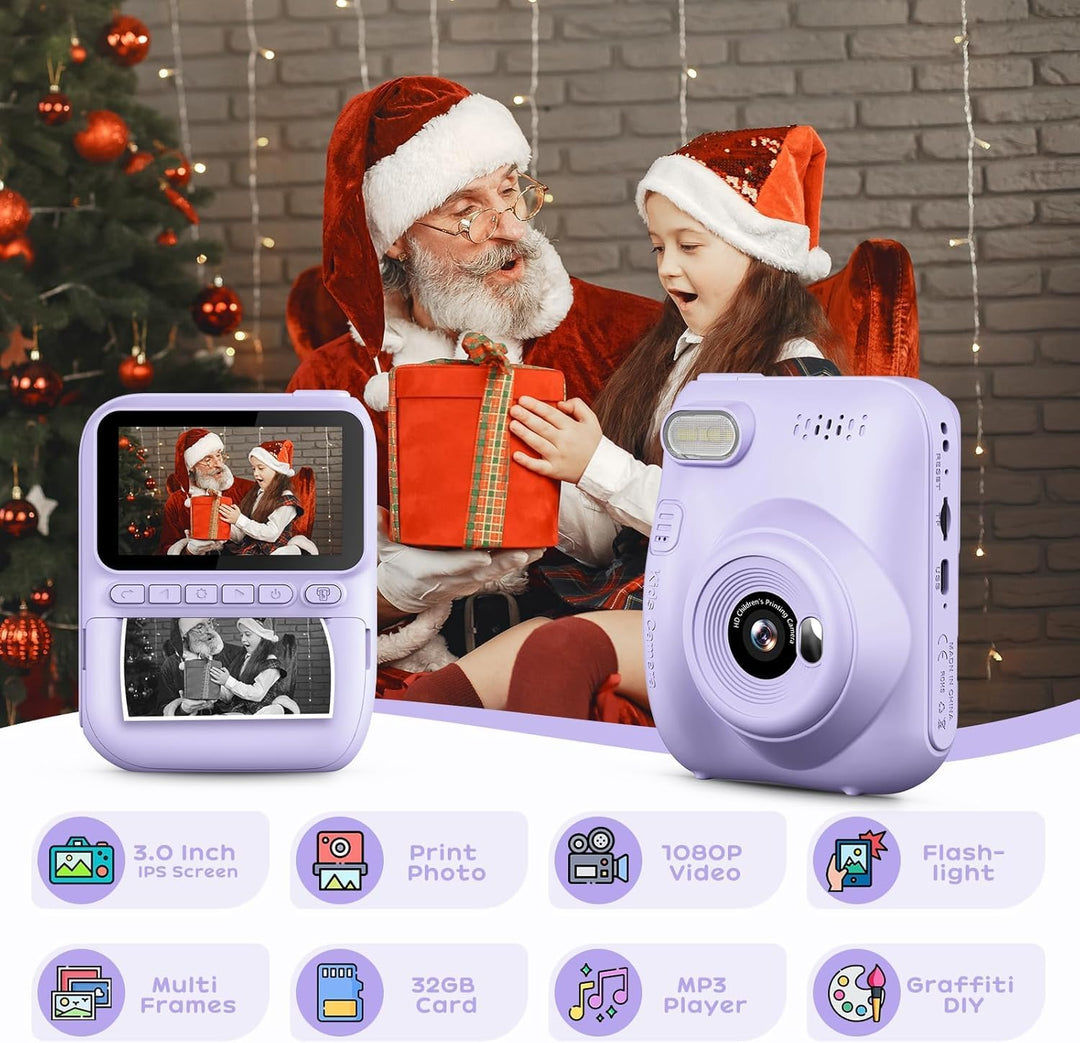 GREENKINDER Sofortbildkamera Kinder,14MP 3.0 Zoll Bildschirm Kinderkamera Sofortbildkamera mit 32G K