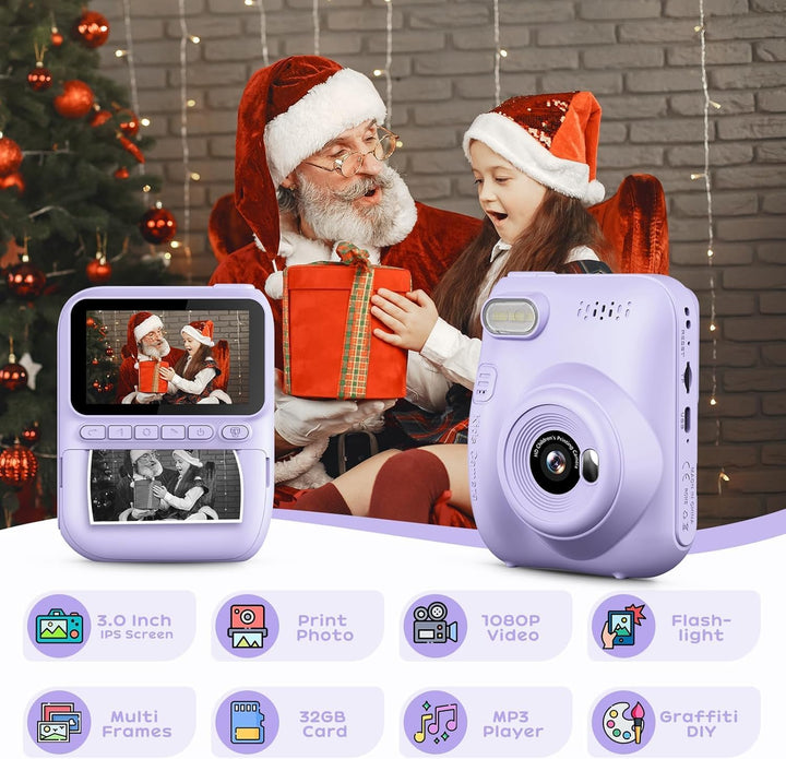 GREENKINDER Sofortbildkamera Kinder,14MP 3.0 Zoll Bildschirm Kinderkamera Sofortbildkamera mit 32G K