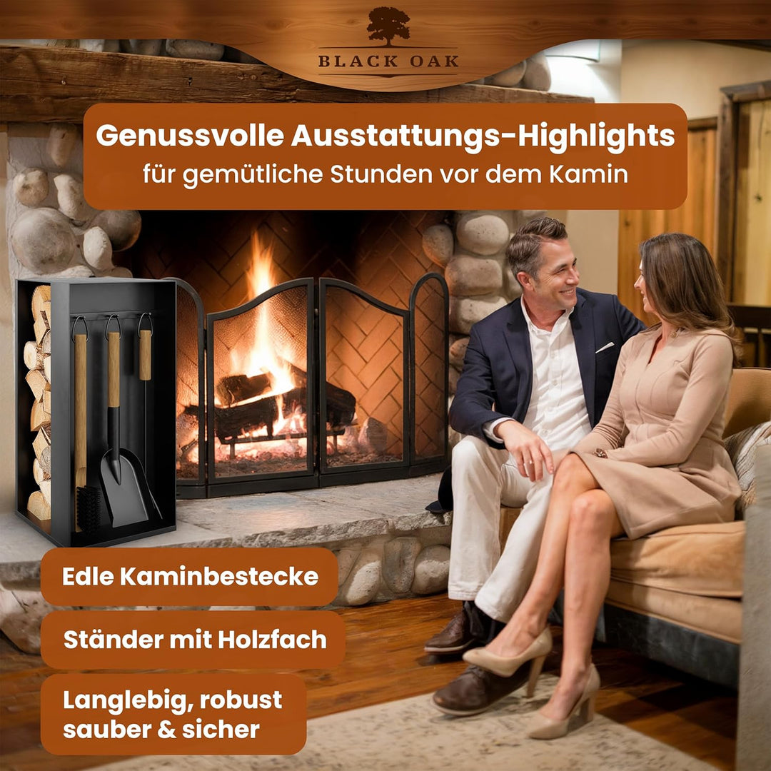 BLACK OAK Kaminbesteck ASPEN 4-teilig - praktisches & repräsentatives Ofenbesteck Set schwarz mit Ho