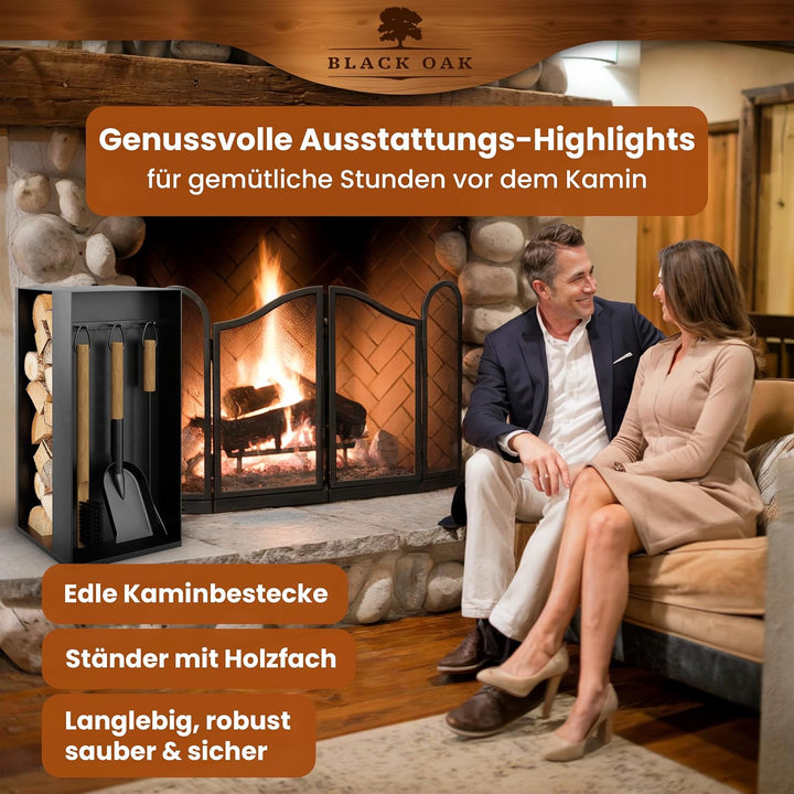 BLACK OAK Kaminbesteck ASPEN 4-teilig mit Lederhandschuh - praktisches &amp; repräsentatives Ofenbesteck
