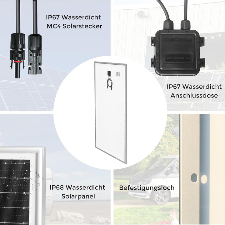 300W Solarpanel 12V, Monokristallines Solarpanel 300 Watt Wohnmobil, Solarmodul mit 90cm Solarkabel