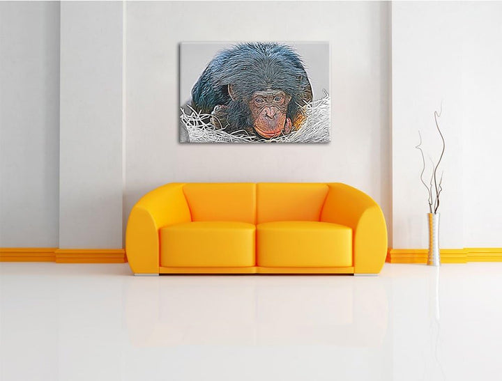 kleiner Schimpanse im Heu schwarz/weiss Deluxe Format: 100x70 cm auf Leinwand, XXL riesige Bilder fe