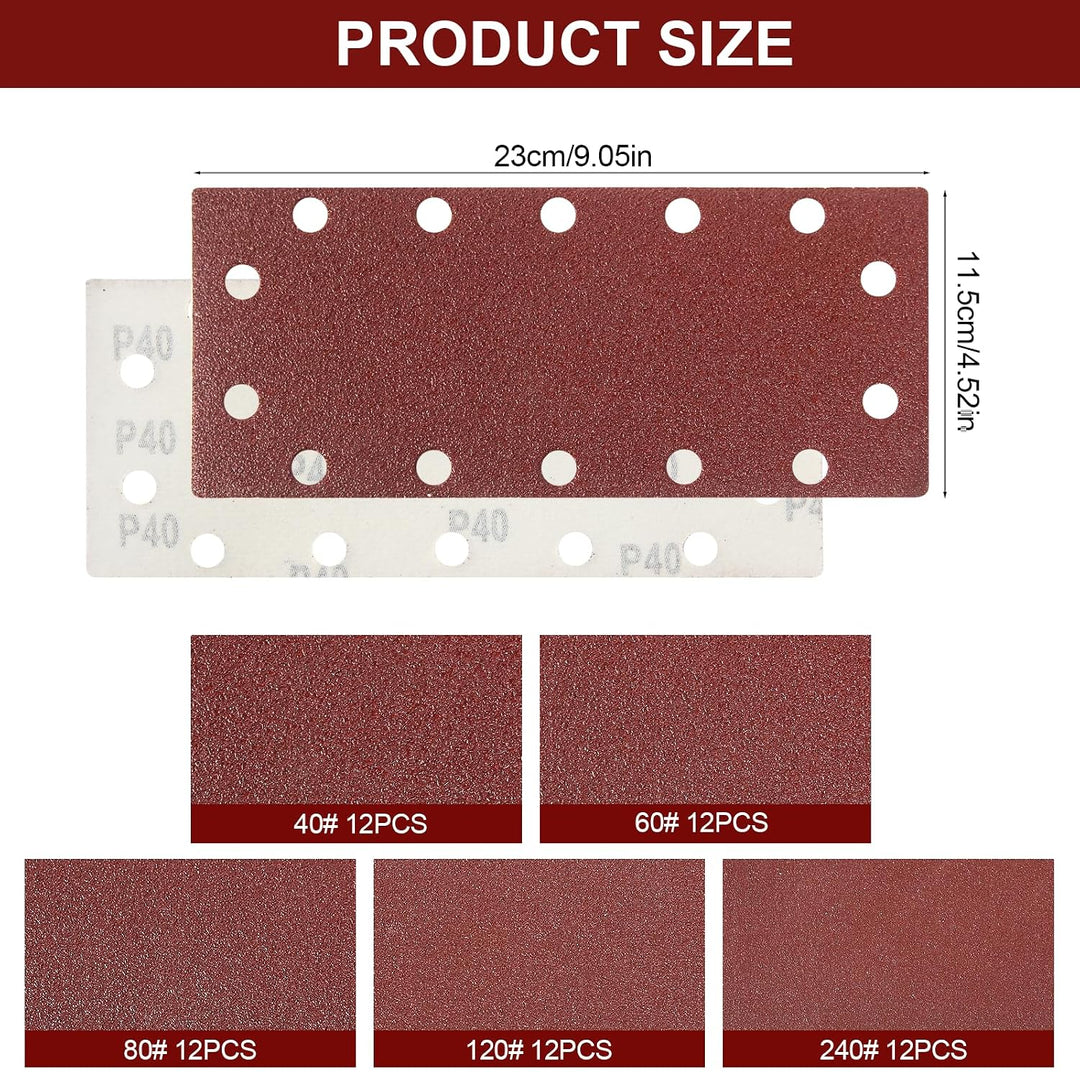 60 Stück Schleifpapier Set, Nass und Trocken Sandpapier 14 Löcher 230x115 mm, Flexibler Fein Schleif