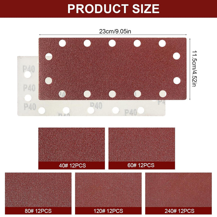 60 Stück Schleifpapier Set, Nass und Trocken Sandpapier 14 Löcher 230x115 mm, Flexibler Fein Schleif