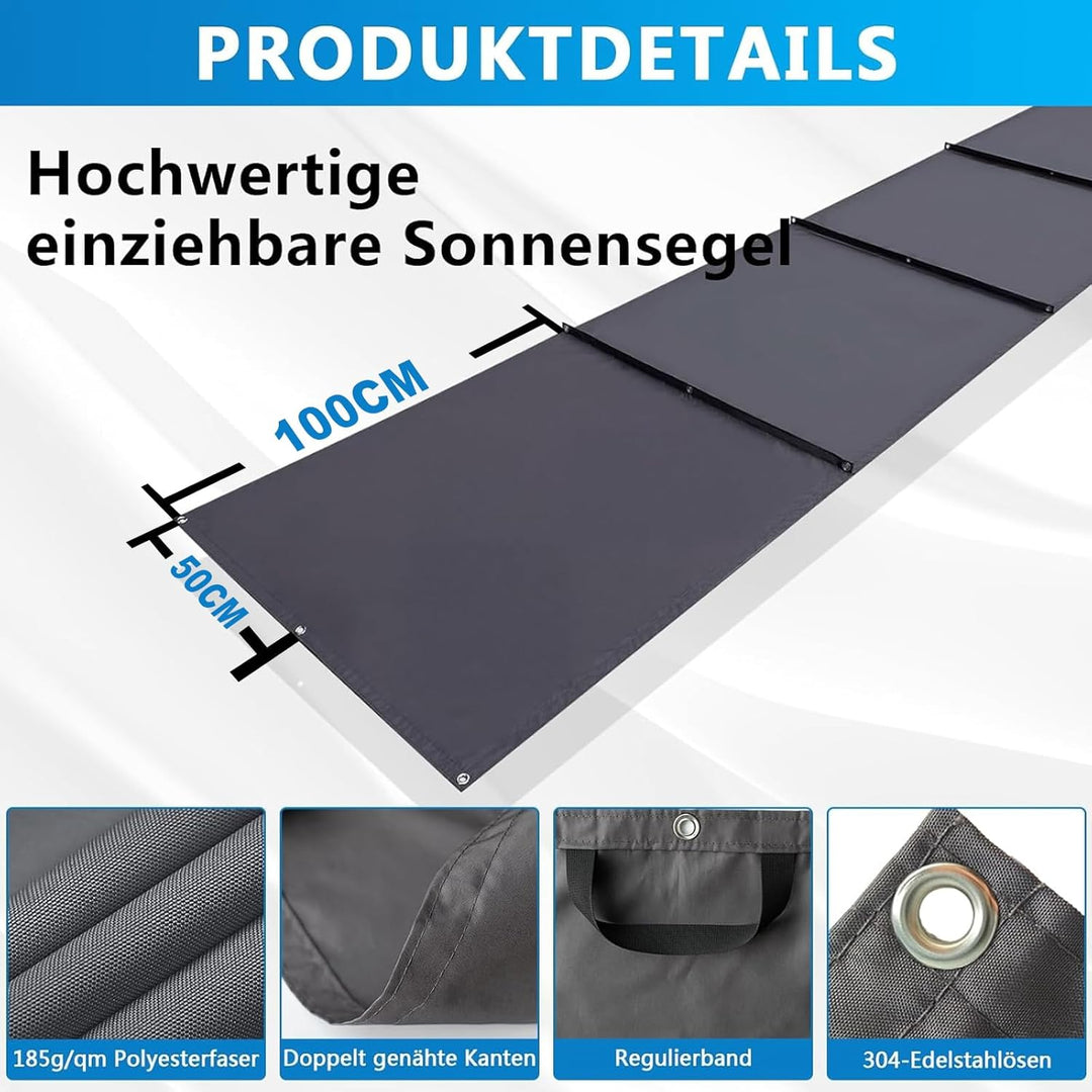 Einziehbare Wellen Sonnensegel Wasserdicht Rechteckig mit Ösen 1 Stück,Markisenstoff UV Schutz 95%,S