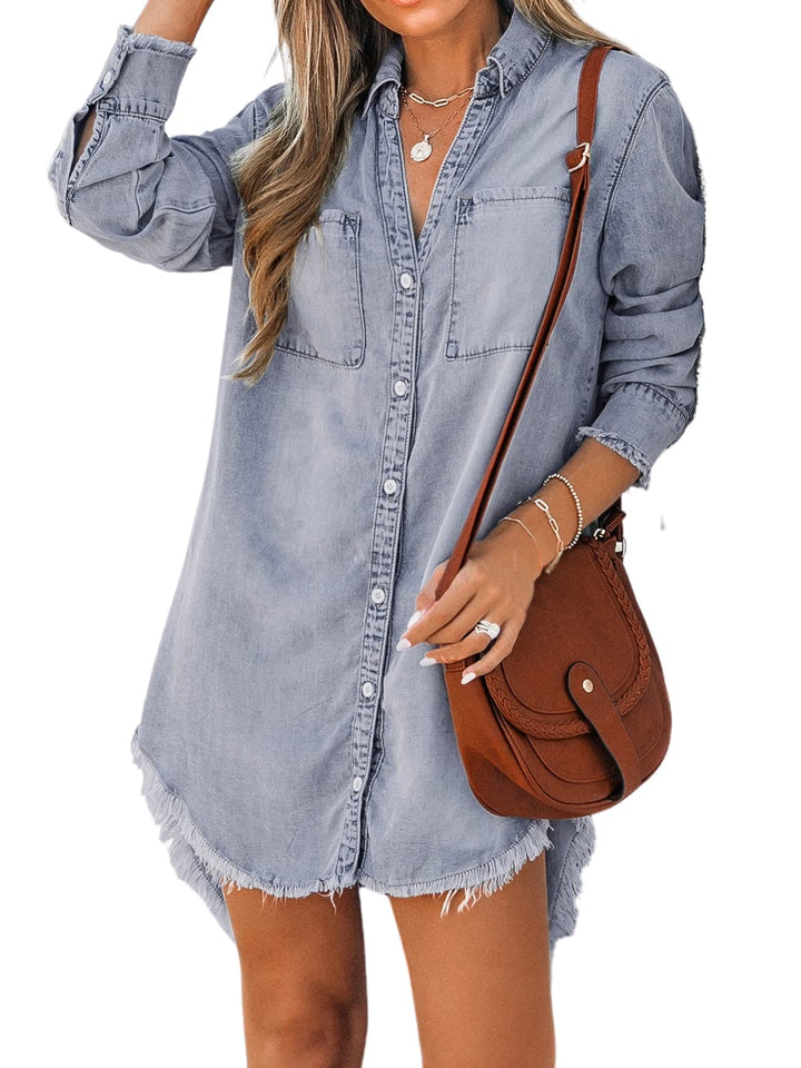 CUPSHE Damen Jeanshemd V Ausschnitt Knopfleiste Brusttaschen Asymmetrisch Jeansbluse Hemdblusen Deni