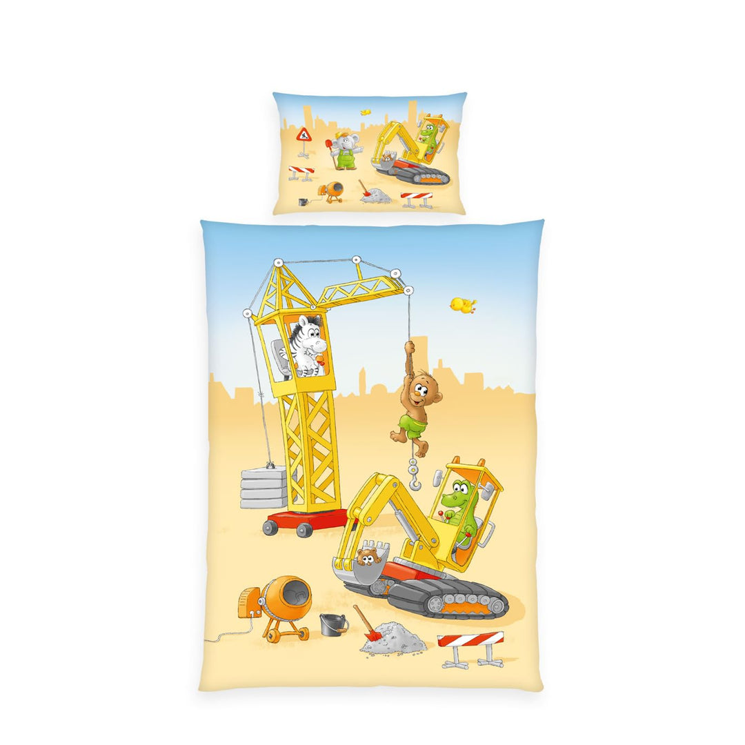 Herding babybest Bettwäsche Baustelle, Kopfkissenbezug ca. 40 x 60 cm mit Hoteleinschlag, Bettbezug